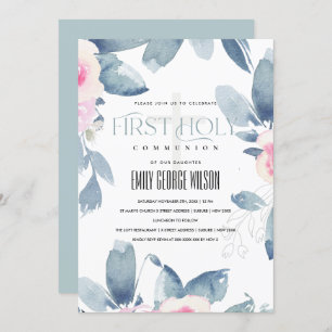 INVITATION SOFT BLEU BLEU FLORAL BUNCH PREMIER SAINT COMMUNIO
