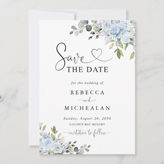 Invitation Soft Blue Botanical Wedding Save The Date (Devant)