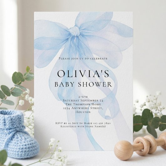 Invitation Soft Blue Bow Text Overlay Baby Shower