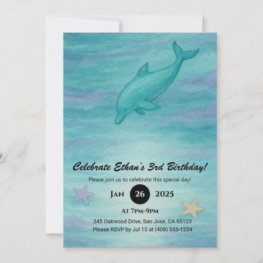 Invitation Soft Blue Dolphin & Starfish Ocean Birthday  (Devant)