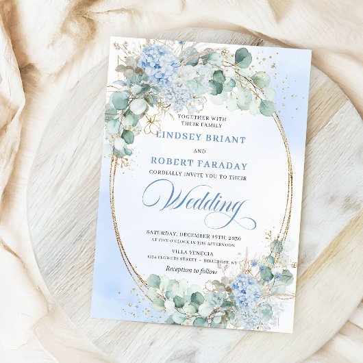 Invitation Soft Blue Floral Wheat Gold Oval Wedding Invite