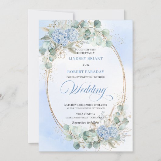Invitation Soft Blue Hydrangea Wheat Gold Elegant Wedding (Devant)