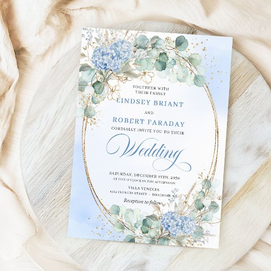 Invitation Soft Blue Hydrangea Wheat Gold Elegant Wedding 
