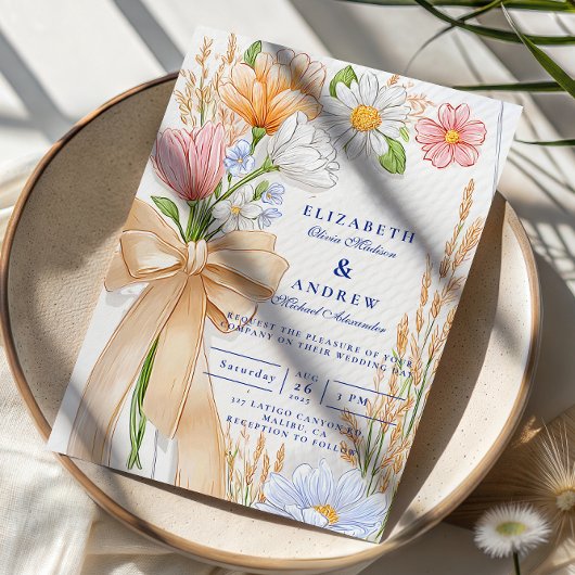 Invitation Soft Blue Ribbon Floral Wedding