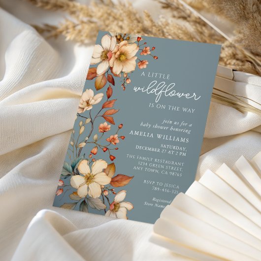 Invitation Soft Blue Wildflower Baby Shower Elegant Script