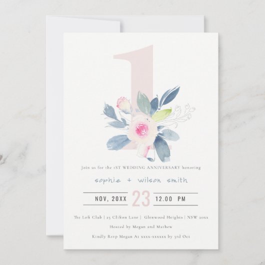 Invitation SOFT BLUSH BLEU FLORAL 1er TOUTE ANNIVERSAIRE ANNÉ (Devant)
