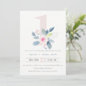 Invitation SOFT BLUSH BLEU FLORAL 1er TOUTE ANNIVERSAIRE ANNÉ (Debout devant)