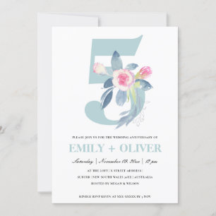 INVITATION SOFT BLUSH BLEU FLORAL 5E TOUTE ANNÉE ANNIVERSAIRE