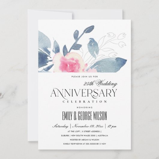 Invitation SOFT BLUSH BLUE FLORAL 25e TOUTE ANNÉE ANNIVERSAIR (Devant)