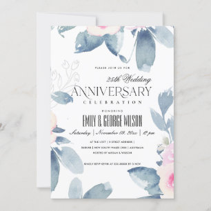 Invitation SOFT BLUSH BLUE FLORAL 25e TOUTE ANNÉE ANNIVERSAIR