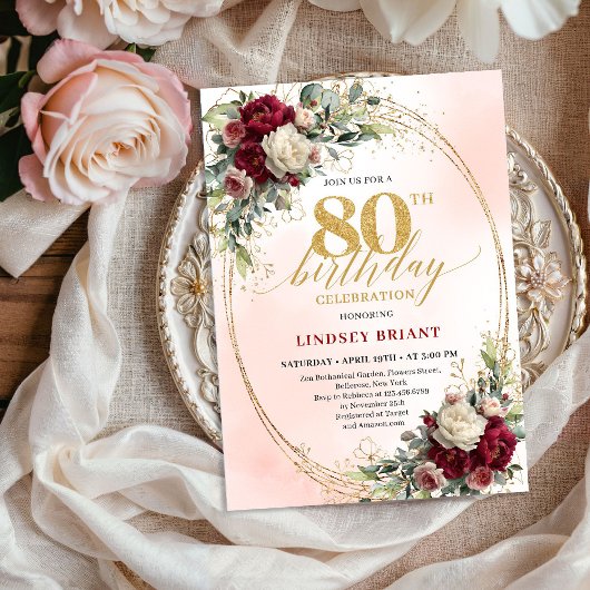 Invitation Soft Blush Boho Floral 80th Birthday Party Invite
