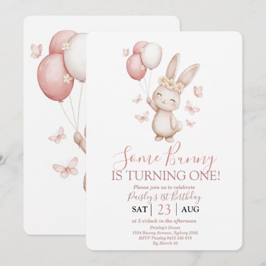 Invitation Soft Blush Bunny First Birthday (Devant / Derrière)