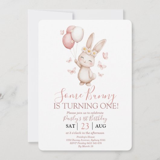 Invitation Soft Blush Bunny First Birthday (Devant)