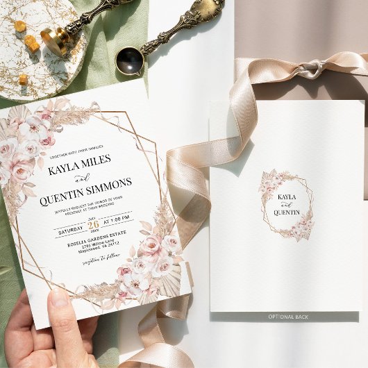 Invitation Soft Blush Pampas Grass Boho Gold Geometric Frame 