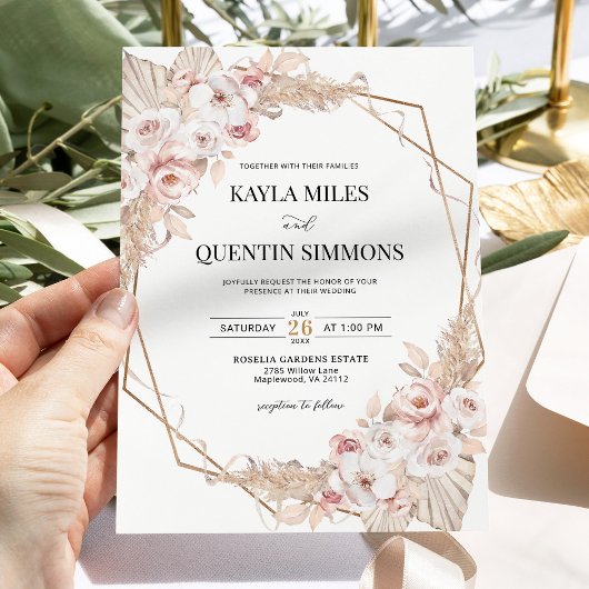 Invitation Soft Blush Pampas Grass Boho Gold Geometric Frame 