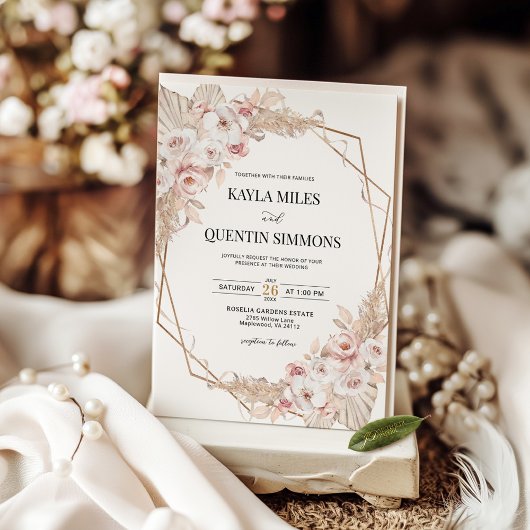 Invitation Soft Blush Pampas Grass Boho Gold Geometric Frame 