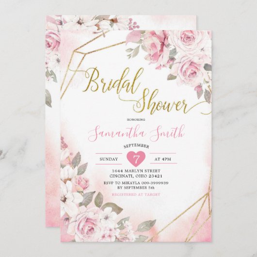 Invitation Soft Blush Rose Bridal Douche (Devant / Derrière)