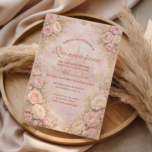 Invitation Soft Blush Rose Garden Quinceañera