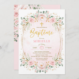 Invitation Soft Blush Rose Or Floral Girl Baptême Français