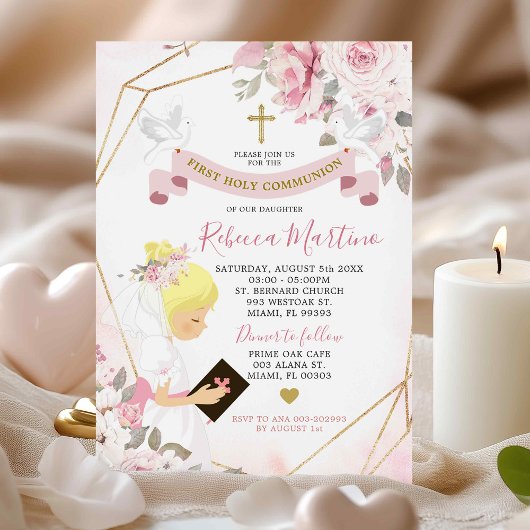 Invitation Soft Blush Rose Rose Blonde Fille Première Communi
