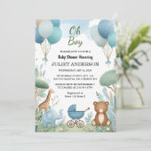 Invitation Soft Boho Bear Blue Cub Welcome Baby Boy Douche (Debout devant)
