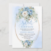 Invitation Soft Boho Dusty Blue Floral Gold Sweet 16 Birthday (Devant)