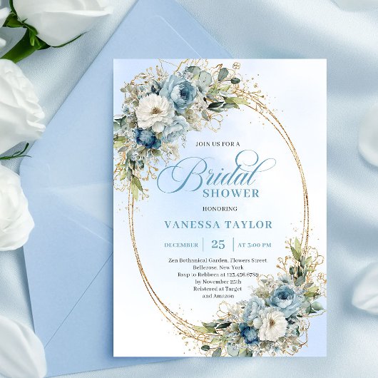 Invitation Soft Boho Dusty Blue Floral Greenery Bridal Shower