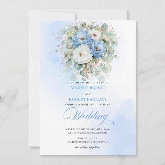 Invitation Soft Boho Dusty Blue White Peony Greenery Wedding (Devant)