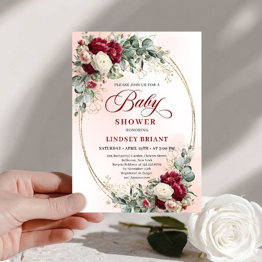 Invitation Soft Boho Marsala Peony Baby Shower Invite