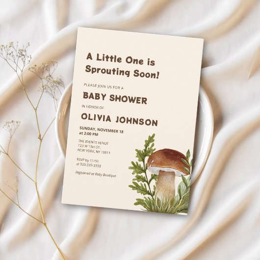 Invitation Soft Brown Champignons Thème Baby shower Invitatio