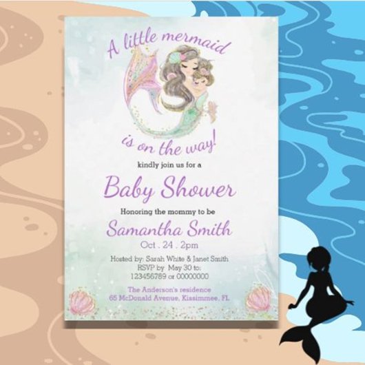 Invitation Soft Brown Mermaid Baby shower aquarelle thème