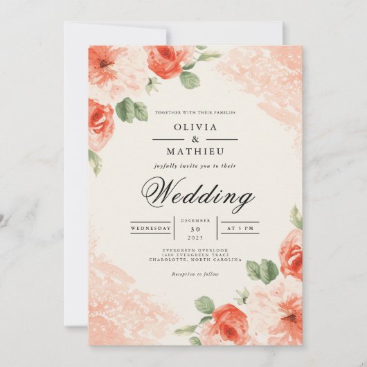 Invitation Soft Coral Floral Accent Wedding (Devant)