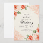 Invitation Soft Coral Floral Accent Wedding (Devant / Derrière)