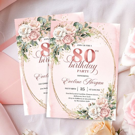 Invitation Soft Dusty Pink Floral Eucalyptus 80th Birthday 