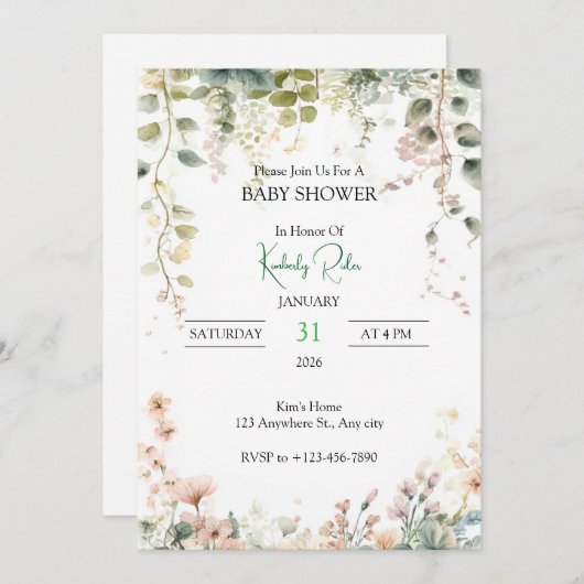 Invitation Soft Floral Watercolor Frame (Devant / Derrière)