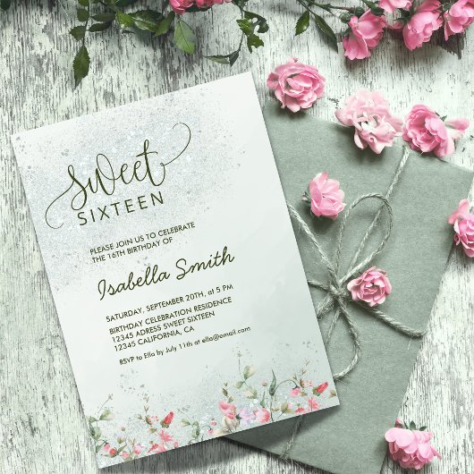 Invitation Soft Green & Blush Floral Sweet 16 Anniversaire