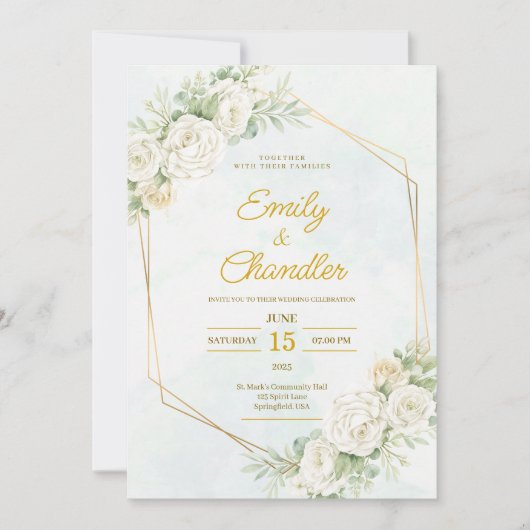 Invitation Soft Green Elegant Boho Floral Gold Modern Wedding (Devant)