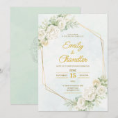 Invitation Soft Green Elegant Boho Floral Gold Modern Wedding (Devant / Derrière)