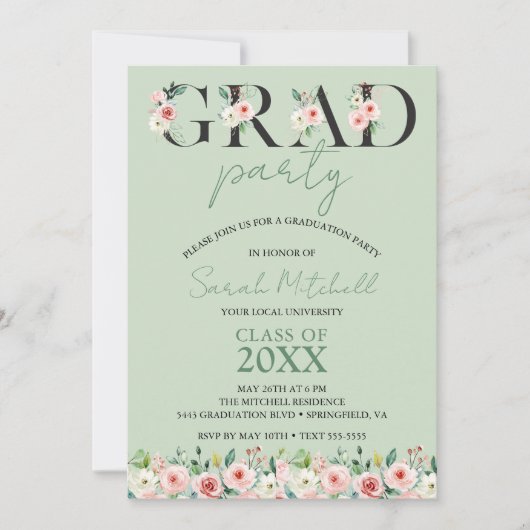 Invitation Soft Green Floral Graduation Party (Devant)