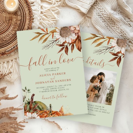 Invitation Soft green rust leaves boho floral fall wedding