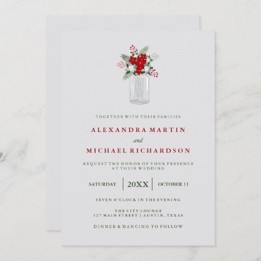 Invitation Soft Grey Winter Holiday Mason Jar Mariage (Devant / Derrière)