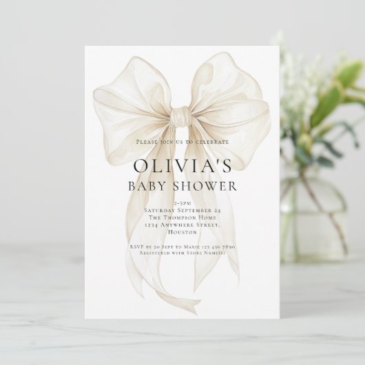 Invitation Soft Ivory Bow Text Overlay Baby Shower (Debout devant)