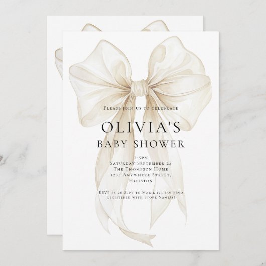 Invitation Soft Ivory Bow Text Overlay Baby Shower (Devant / Derrière)