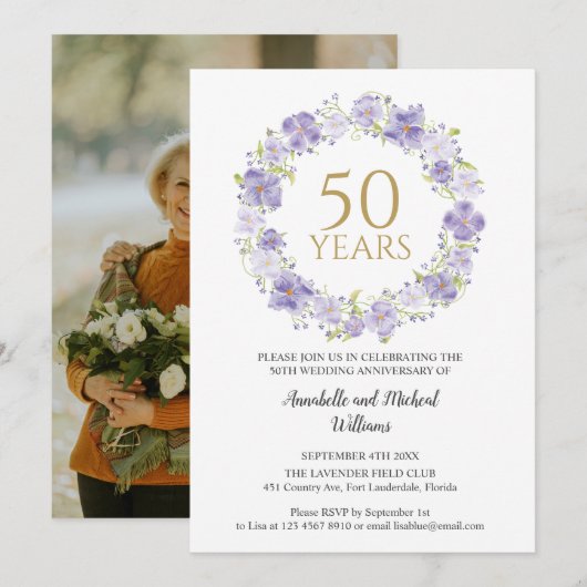 Invitation Soft Lavender Floral Wreath 50e Mariage photo (Devant / Derrière)