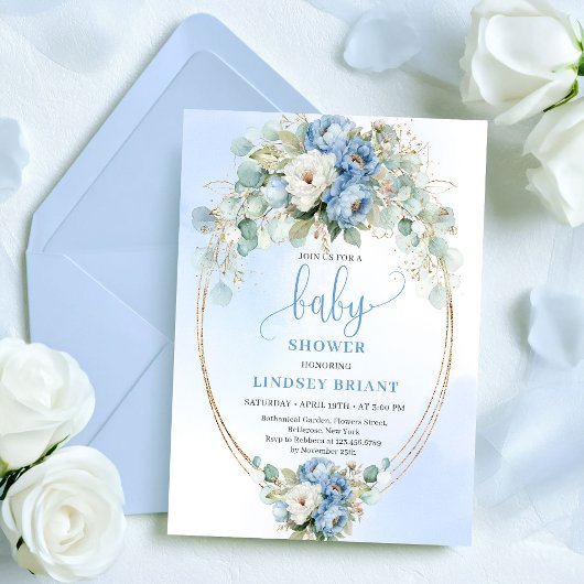 Invitation Soft Light Blue Peonies Greenery Gold Baby Shower