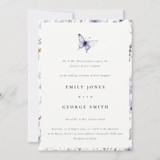 Invitation Soft Lilac Fleur sauvage Butterfly Garden Mariage (Devant)