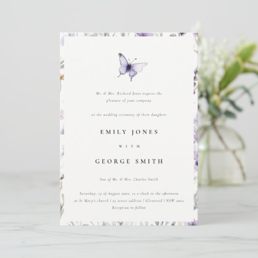 Invitation Soft Lilac Fleur sauvage Butterfly Garden Mariage (Debout devant)