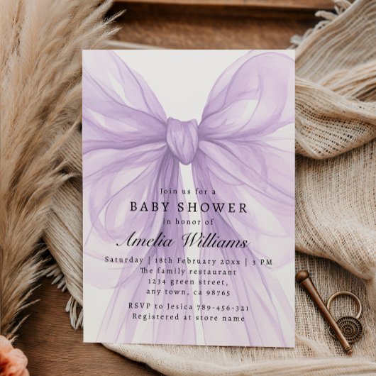 Invitation Soft Lilac Tulle Bow Modern Baby