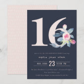 INVITATION SOFT NAVY BLUSH BLEU FLORAL 16E TOUT ÂGE ANNIVERSA (Devant / Derrière)