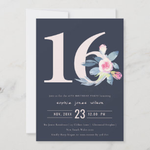 INVITATION SOFT NAVY BLUSH BLEU FLORAL 16E TOUT ÂGE ANNIVERSA